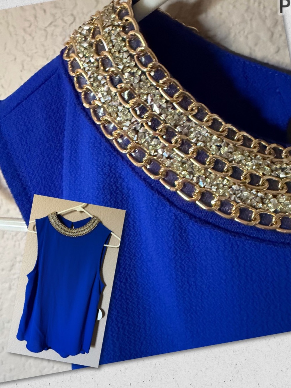 MOA MOA Womens Large Sleeveless Top Blouse Royal Blue Jewels Bling Neck NWT